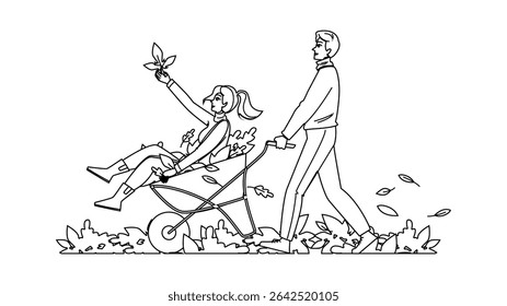 autumn leaves wheelbarrow couple vector. gardening foliage, love transport, rake mulch autumn leaves wheelbarrow couple character. people black line pencil drawing illustration