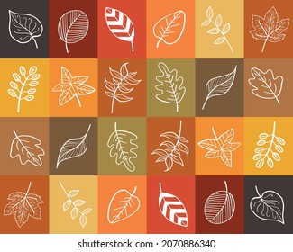 Autumn Leaves White Outline Icons on Colorful Square Seamless Pattern. Repeatable Vector Seamless Pattern. Can be Used as Wallpaper, Wrapping Paper, Banner Template, Textile Fabric Prints or Website.