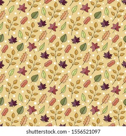 Autumn leaves and white sonw seamless pattern random repeat vector background