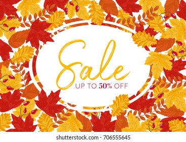 Autumn Leaves and Wild rose buds Vector Rectangle Sale Banner background