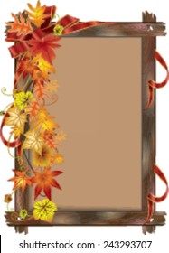 Autumn leaves in the wood frame with a red ribbon