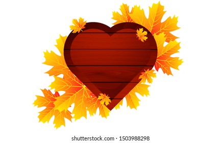 Autumn leaves and wooden heart, vector art illustration.