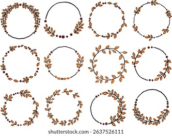 Autumn leaves wreath with berry doodle illustration for decoration on Thanksgiving, romance, wedding and nature concept.