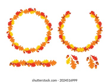 Autumn Leaves Wreath Décor. Circular Oak Leaf Wreath. Vector Illustration.