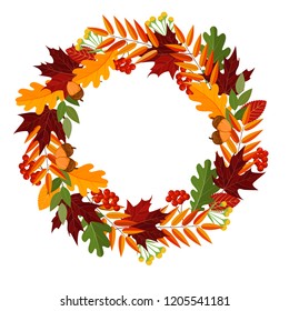 La decoración de las hojas de otoño incluye bayas de rowan, hojas de roble, hojas de arce y bellotas. Ilustración vectorial de otoño no aislada en blanco para tu invitación a la boda, tarjeta de saludo, banner de venta a mitad de temporada