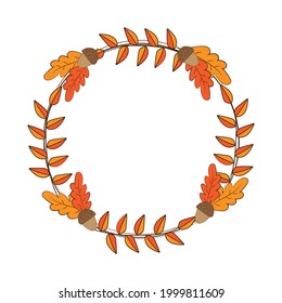 Autumn leaves wreath decor, oak leaf, branch, and acorns. Autumn vector illustration  for your wedding invitation, greeting card, mid season sale banner,and other design.