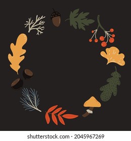 Autumn leaves wreath. Fall orange and brown leaf, acorns, mushroom and berry frame