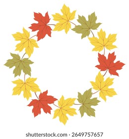 Autumn leaves wreath. Autumn grape leaf circle frame. Wreath with foliage in autumn colors for fall season greeting card, invitation, postcard, poster, Thanksgiving, and Halloween design.