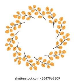 Autumn leaves wreath. Autumn leaf circle frame. Simple wreath with foliage in autumn ochre color for fall season greeting card, invitation, postcard, poster, Thanksgiving, and Halloween design.