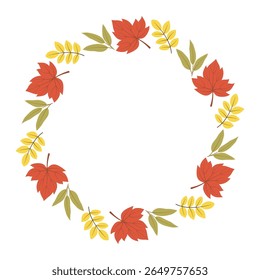 Autumn leaves wreath. Autumn leaf circle frame. Wreath with foliage in autumn colors for fall season greeting card, invitation, postcard, poster, Thanksgiving, and Halloween design.