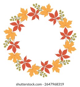 Autumn leaves wreath. Autumn maple and grape leaf circle frame. Wreath with foliage in autumn colors for fall season greeting card, invitation, postcard, poster, Thanksgiving, and Halloween design.