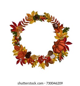 Autumn leaves wreath template on white background. Autumnal round frame with leaves and forest goodies. 