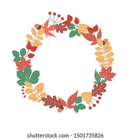 Autumn leaves wreath vector illustration on white background