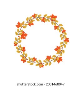 Autumn leaves wreath with yellow and orange leaves. Vector fall illustration. Foliage background isolated on white background. Nature design.