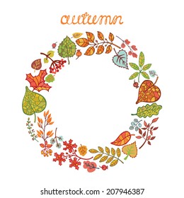 Autumn leaves wreath,Fall circle composition.Design template,poster,Thanksgiving day background .Orange,red,green tree branches.Holiday vector
