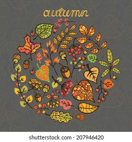 Autumn leaves wreath,Fall circle composition.Design template,poster,Thanksgiving day background .Orange,red,green tree branches.Holiday vector. Dark background

