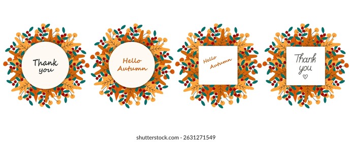 Autumn leaves Wreaths with Circle and Square note pages with Hello Autumn and Thank you Text Bundle