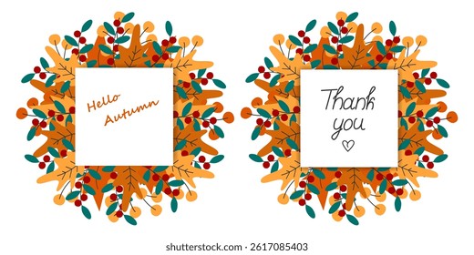 Autumn Leaves Wreaths and Note Pages with Hello Autumn and Thank you freehand text Greeting idea Set