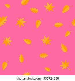 Autumn leaves. Yellow orange leaf set. Oak, maple, birch, rowan. Seamless Pattern Wrapping paper, textile template. Pink background. Flat design Flat design. Vector illustration