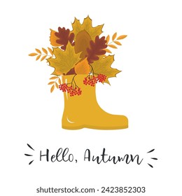 Autumn leaves in yellow rain boot. Fall leaves of oak, maple, birch and other trees. Bouquet. Hello Autumn concept. Fall floral composition. Vector illustration on white