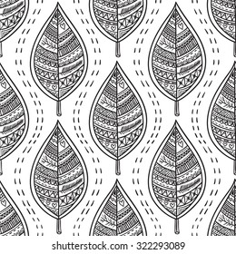 Autumn leaves zentangle seamless pattern. Floral nature vector doodle background.