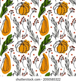 Autumn leaves,pumpkins,ashberry,background.Nature illustration for wrapping paper,textile,decorations with doodles.