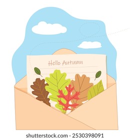 Autumn letter. Autumn landscape illustration with blue sky background.