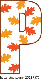 Autumn letter P design on plain white transparent isolated background for card, shirt, hoodie, sweatshirt, apparel, tag, mug, icon, poster or badge