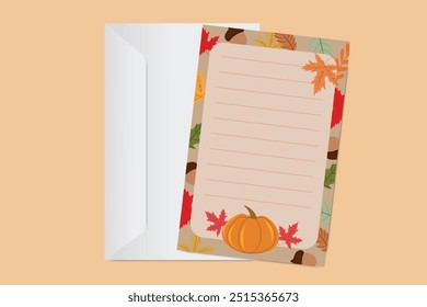 Autumn letter paper with blank white envelope with pumpkin and colorful leaves on beige background for seasonal messages