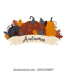 Autumn lettering. Autumn banner with ripe pumpkins and leaves on white background. Ripe pumpkin in flat style. 