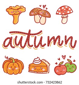 Autumn lettering calligraphy text with cute illustrations of colorful smiling mushrooms characters, pumpkin, pie, apples. Icons and isolated pictures