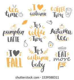 Autumn lettering for coffee shops and cafes. Lettering concepts for autumn holidays related to tea, coffee, and deserts. Tea time, coffee time, autumn tea, pumpkin latte, eat pie, etc.