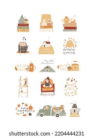 Autumn lettering composition with cute, cozy design elements decorative big bundle. Hygge illustration collection. Hand drawn vector set. Fall season handwritten quotes sticker pack isolated on white