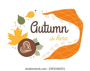 Autumn lettering concept. Fall season elements. Calligraphy and typography. Cup of tea or coffee near leaves. Social media cover. Cartoon flat vector illustration isolated on white background