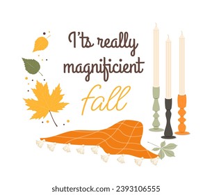 Autumn lettering concept. Fall season elements. Calligraphy and typography. Candles and orange and green leaves. Poster or banner. Cartoon flat vector illustration isolated on white background