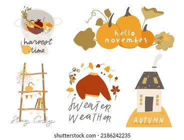 Autumn lettering with cute and cozy design elements decorative bundle. Hand drawn lettering vector set. Fall season handwritten quotes stickers pack. Fall inscription collection isolated on white