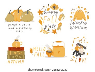 Autumn lettering with cute and cozy design elements decorative bundle. Hand drawn lettering vector set. Fall season handwritten quotes stickers pack. Fall inscription collection isolated on white