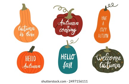 Autumn lettering with cute and cozy design elements decorative bundle. Hand drawn lettering vector set. Fall season handwritten quotes stickers pack. Fall inscription collection isolated on white