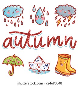 Autumn lettering with cute illustrations of clouds, rain and umbrella