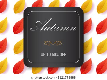 Autumn lettering in frame with leaves pattern. Autumn offer or sale advertising design. Handwritten and typed text, calligraphy. For leaflets, brochures, invitations, posters or banners.