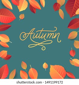 Autumn Lettering. Hand Written Typography on Blue Background. Vector Leaves Illustration for Your Design.