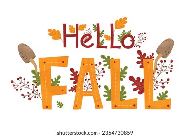 Autumn Lettering "Hello, Fall". Vector image in yellow, orange and green colors. Mushrooms, autumn leaves, red berries. Design element for poster, card, banner, brochure, coupon, social media, web.