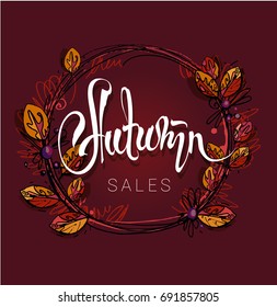Autumn lettering with autumn leaves. Red cotoneaster leaves with berries. For banner, poster, social media, blog, flyer, brochure, invitation, cover. Floral design background.