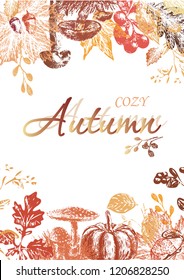 Autumn. Lettering with mushrooms and leaves in autumn colors. Seasons greetings card for prints, flyers, banners, invitations and more. Vector autumn illustration.