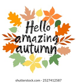 Autumn lettering with oak, maple leaves, and pumpkin on a white background