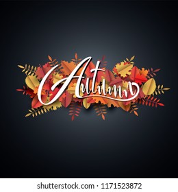 Autumn lettering on fallen leaves,Paper art style,EPS 10.
