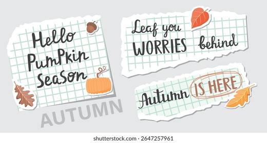 Anotação de outono em folhas rasgadas. Pedaços de papel quadrado, frases escritas à mão, folhas, abóbora e bolota. Elementos de colagem definidos isolados no plano de fundo cinza. Design vetorial para banner, cartão, cartaz.