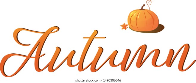 Autumn lettering with orange pumpkin. Fall poster, hand drawn print.Cute cartoon style. Vector Eps. 8.