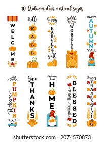 Autumn lettering with pumpkin, gnomes and leaves Vertical Thanksgiving sign.