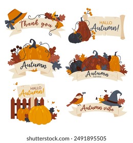 Autumn lettering. Set of fall banners with pumpkins, leaves, paper ribbons. Hello, fall. Autumn sticker. Cozy autumn illustration. Fall mood poster, sticker, postcard, flyer template vector.